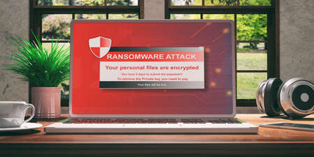 Laptop with ransomware screen and silver color placed on a wooden desk, Room with a window overlooking the beautiful blurred nature. 3d illustrationの写真素材