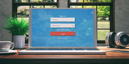 Laptop with login screen and silver color placed on a wooden desk, Room with a window overlooking the beautiful blurred nature. 3d illustrationの写真素材