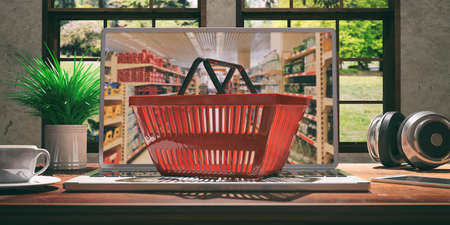 Supermarket online shopping concept. Shopping basket on a laptop. 3d illustrationの写真素材