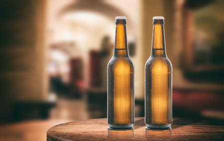 Two unopened beer bottles on a wooden table, abstract bar background. 3d illustrationの写真素材