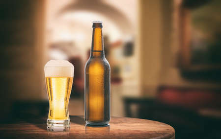 Unopened beer bottle on a wooden table, abstract bar background. 3d illustrationの写真素材