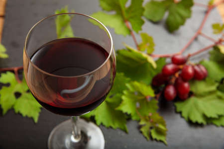 Red wine glass and fresh grape leaves on black background, focus on the wine glassの写真素材