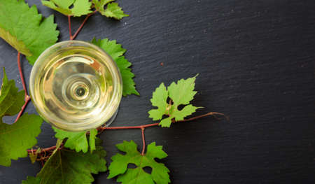 White wine glass and fresh grape leaves on black background, top view, copy spaceの写真素材