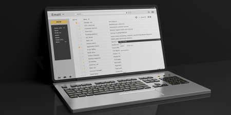 Emails list on a laptop screen isolated on black background. 3d illustrationの写真素材