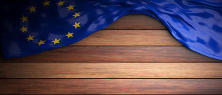 EU crumpled flag placed on wooden background with copyspace. 3d illustrationの写真素材