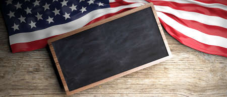 USA crumpled flag placed on wooden background. Blackboard in frame with copyspace. 3d illustrationの写真素材