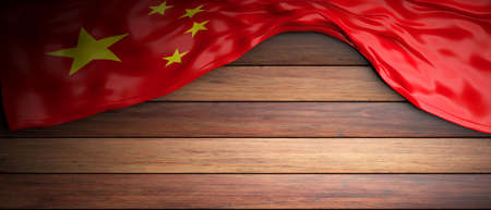 China crumpled flag placed on wooden background with copyspace. 3d illustrationの写真素材