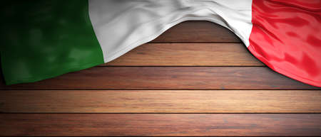 Italy crumpled flag placed on wooden background with copyspace. 3d illustrationの写真素材