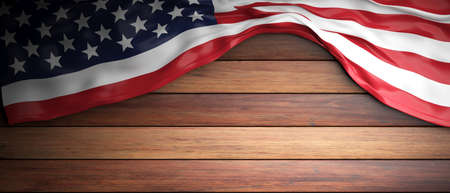 USA crumpled flag placed on wooden background with copyspace. 3d illustrationの写真素材