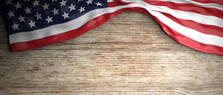 USA crumpled flag placed on wooden background with copyspace. 3d illustrationの写真素材