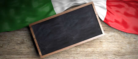 Italy crumpled flag placed on wooden background. Blackboard in frame with copyspace. 3d illustrationの写真素材