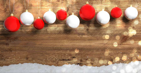 Red and white Christmas balls on wooden background with snow, copy space. 3d illustrationの写真素材