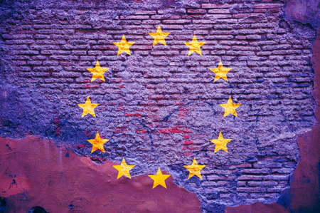 EU flag painted on a brick wall. 3d illustrationの写真素材
