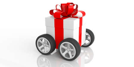 Free shipping concept. Gift with red ribbon on wheels, isolated on white background. 3d illustrationの写真素材
