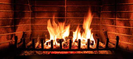 Close up of burning fireplace at homeの写真素材