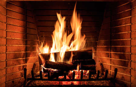 Close up of burning fireplace at homeの写真素材