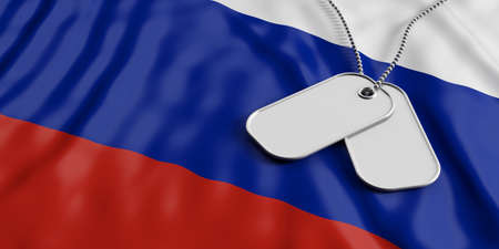 Russia army concept, Blank identification tags on waiving Russia flag background. 3d illustrationの写真素材