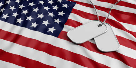 USA army concept, Blank identification tags on waiving America flag background. 3d illustrationの写真素材