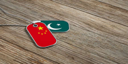 China and Pakistan military relations, Identification dog tags on wooden background. 3d illustrationの写真素材