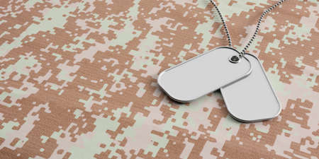 Military concept, Blank identification tags on digital camouflage fabric, copy space. 3d illustrationの写真素材