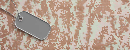 Military concept, Blank identification tag on digital camouflage fabric, copy space. 3d illustrationの写真素材
