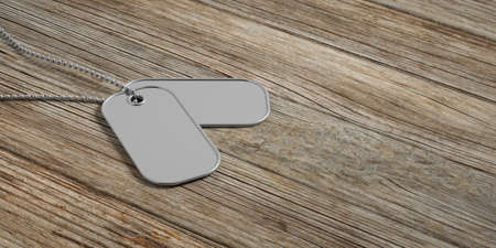 Military concept, Blank identification dog tags on wooden background. 3d illustrationの写真素材