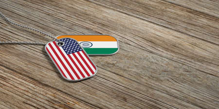 USA and India military relations, Identification dog tags on wooden background. 3d illustrationの写真素材