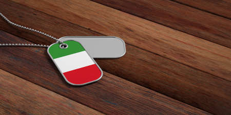 Italy army concept, Italy flag identification dog tags on wooden background. 3d illustrationの写真素材
