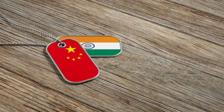 China and India military relations, Identification dog tags on wooden background. 3d illustrationの写真素材