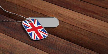UK army concept, English flag identification dog tags on wooden background. 3d illustrationの写真素材