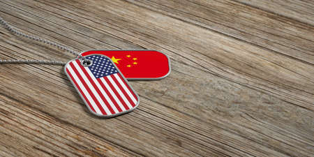 USA and China military relations, Identification dog tags on wooden background. 3d illustrationの写真素材