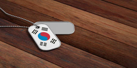 South Korea army concept, South Korea flag identification dog tags on wooden background. 3d illustrationの写真素材