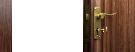 Half open wooden door with bronze handle and key, copy space. 3d illustrationの写真素材