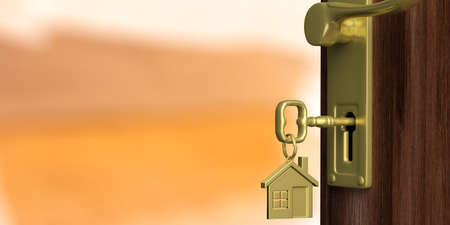 Apartment or home doorway with half opened door, empty orange background. 3d illustrationの写真素材
