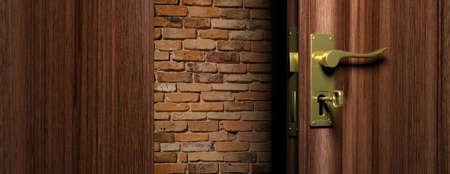 No way out concept. Brick wall out of an open wooden door with bronze handle and key, 3d illustrationの写真素材