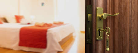 Hotel doorway with half opened door, blur bedroom background. 3d illustration