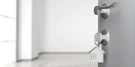 Apartment or home doorway with half opened door, blur empty room background. 3d illustrationの写真素材