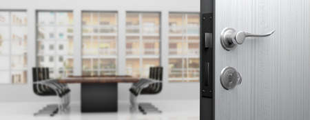 Office doorway with half opened door, blur meeting room background. 3d illustrationの写真素材