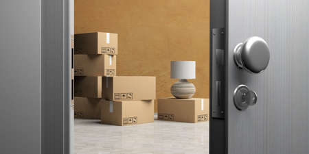 Moving to a new place. Apartment or office doorway with half opened door, moving boxes on the floor. 3d illustrationの写真素材