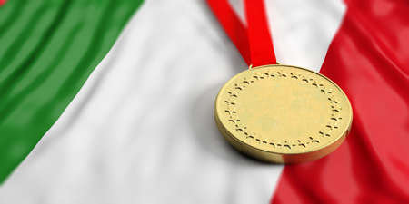 Gold medal on waving Italy flag. Horizontal, full frame, closeup view. 3d illustrationの写真素材