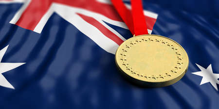 Gold medal on waving Australia flag. Horizontal, full frame, closeup view. 3d illustrationの写真素材