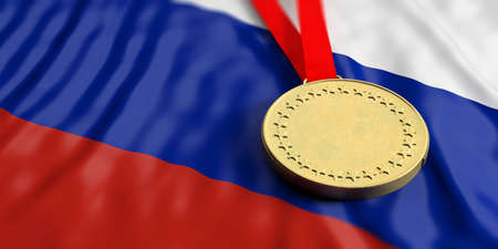 Gold medal on waving Russia flag. Horizontal, full frame, closeup view. 3d illustrationの写真素材