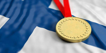 Gold medal on waving Finland flag. Horizontal, full frame, closeup view. 3d illustrationの写真素材
