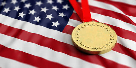 Gold medal on waving America flag. Horizontal, full frame, closeup view. 3d illustrationの写真素材