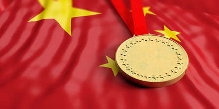 Gold medal on waving China flag. Horizontal, full frame, closeup view. 3d illustrationの写真素材