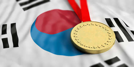 Golden medal on waving South Korea flag. Horizontal, full frame, closeup view. 3d illustrationの写真素材