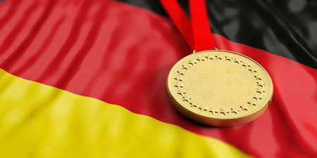 Gold medal on waving Germany flag. Horizontal, full frame, closeup view. 3d illustrationの写真素材