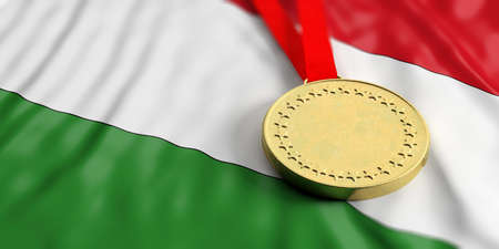 Gold medal on waving Hungary flag. Horizontal, full frame, closeup view. 3d illustrationの写真素材