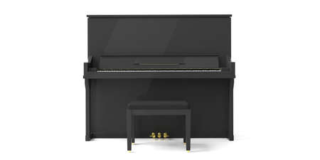 Black piano and stool isolated on white background, front view. 3d illustrationの写真素材