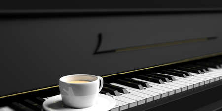Cup of coffee on a black piano keyboard. 3d illustrationの写真素材